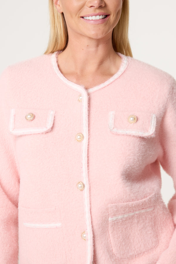 Qed London Pearl Button Fluffy Knit Contrast Cardigan