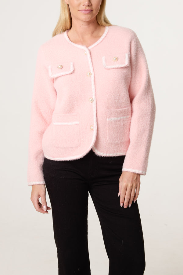 qed london Pearl Button Fluffy Knit Contrast Cardigan