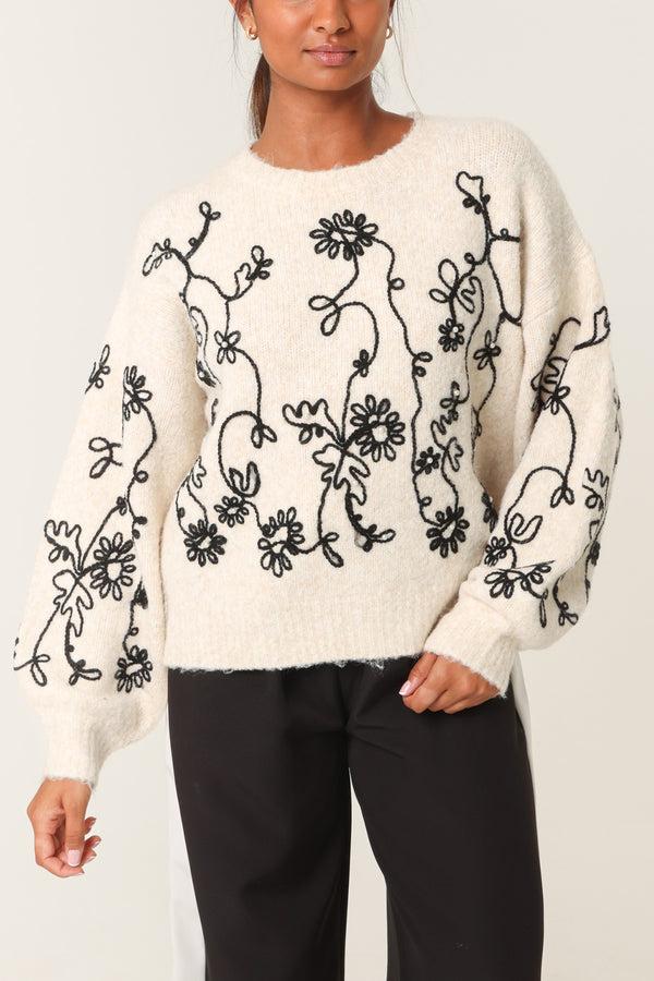 qed london Pearl Embellished Flower Embroidery Jumper