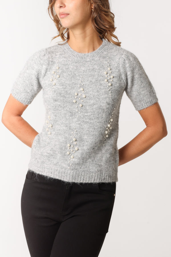 qed london Pearl Embellished Short Sleeve Knit Jumper