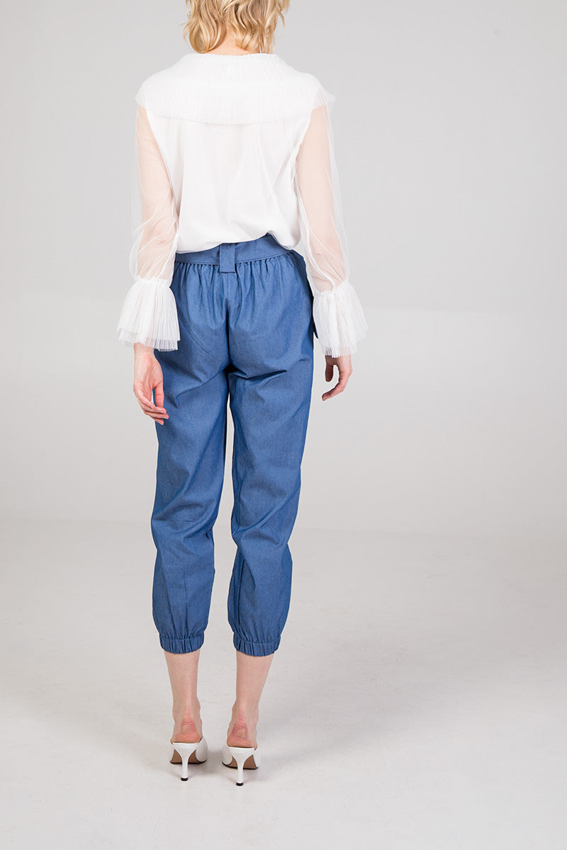 Qed London Pleated Ruffle Detail Mesh Sleeve Blouse