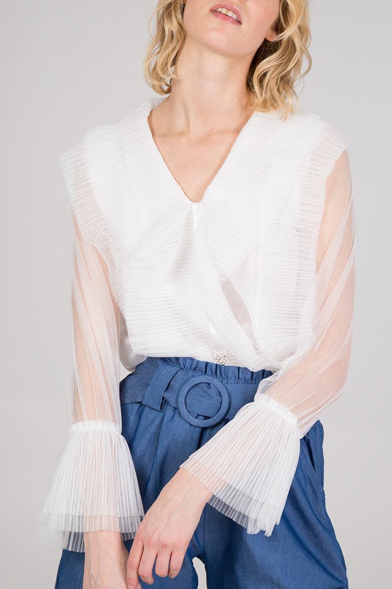 qed london Pleated Ruffle Detail Mesh Sleeve Blouse