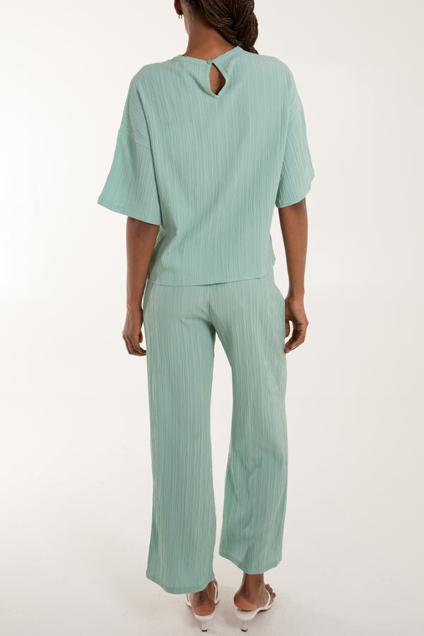 Qed London Plisse Button Back T-Shirt & Trouser Co-Ord Set