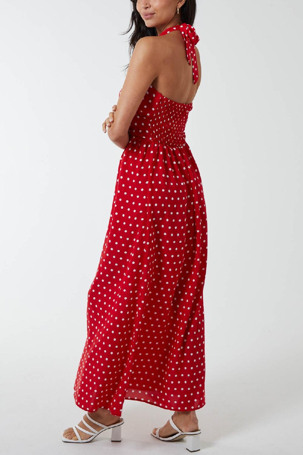 Qed London Polka Dot Halterneck Button Belt Maxi Dress