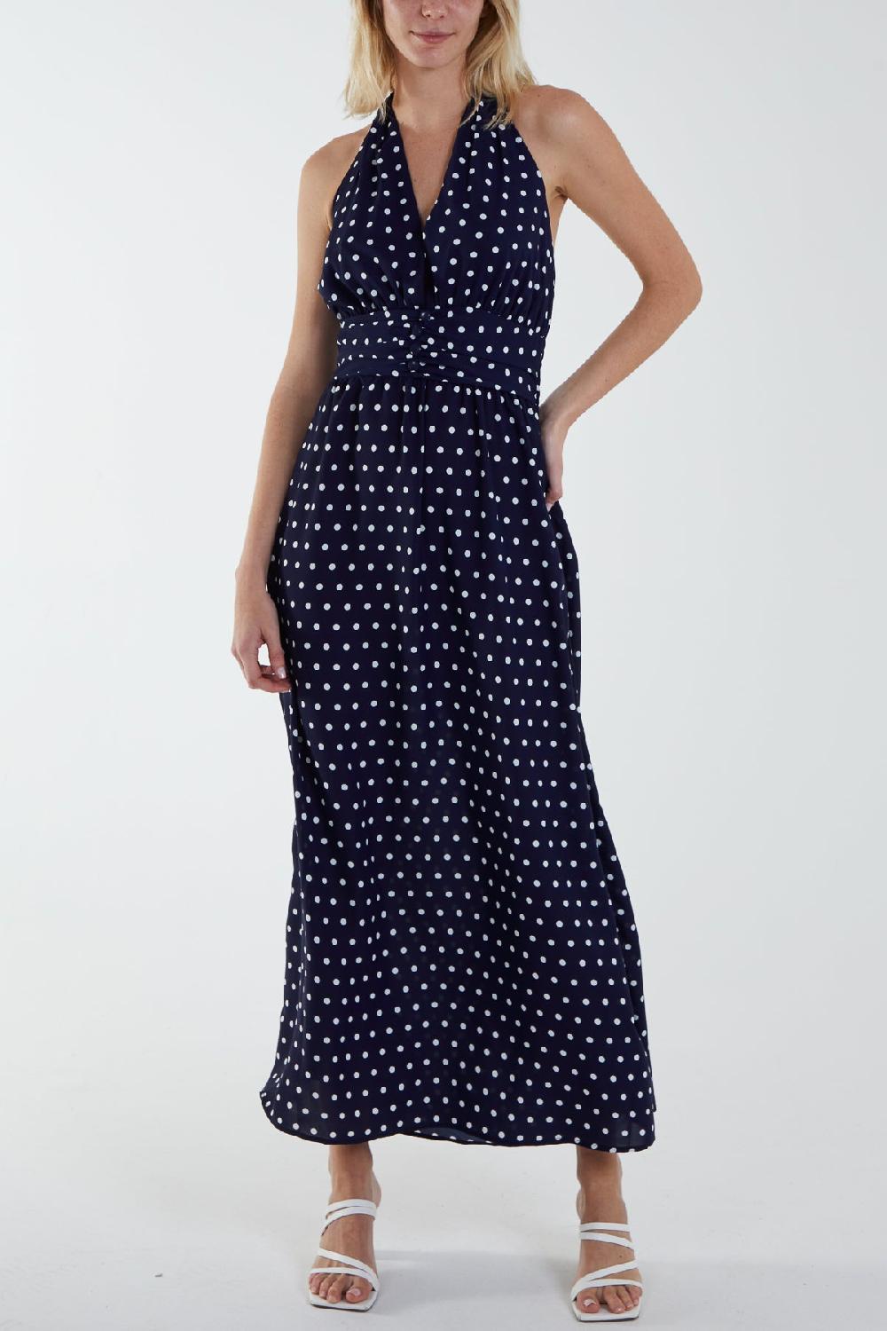 Qed London Polka Dot Halterneck Button Belt Maxi Dress