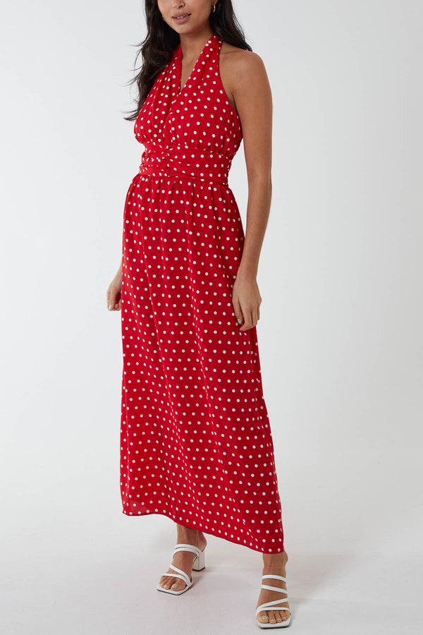 qed london Polka Dot Halterneck Button Belt Maxi Dress