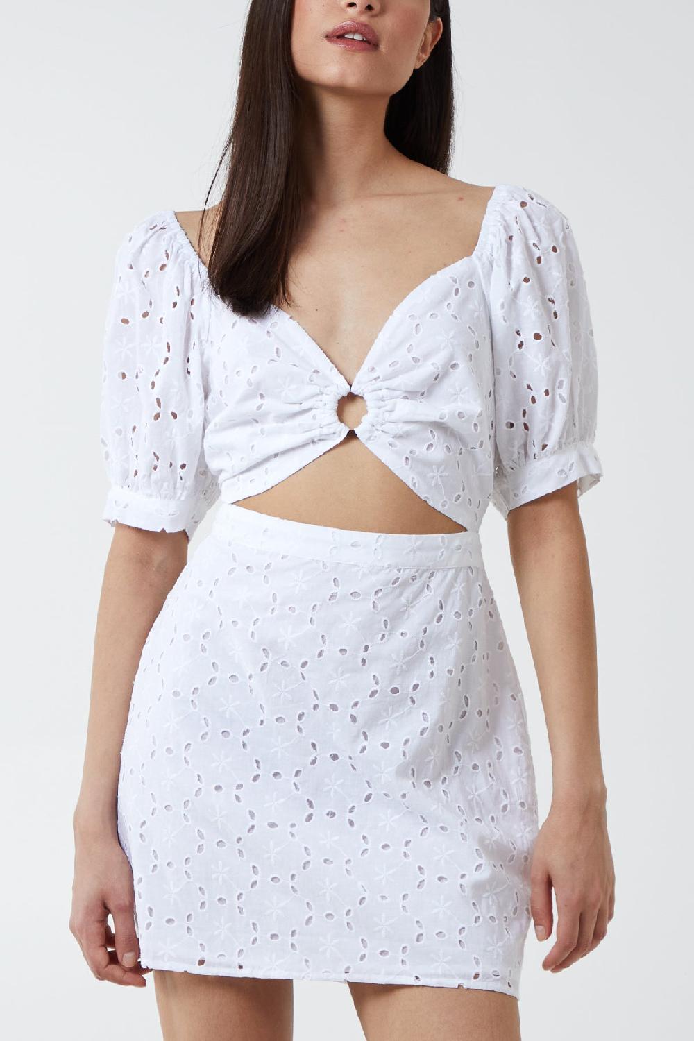 Qed London Puff Sleeve Ring Detail Embroidery Anglaise Mini Dress