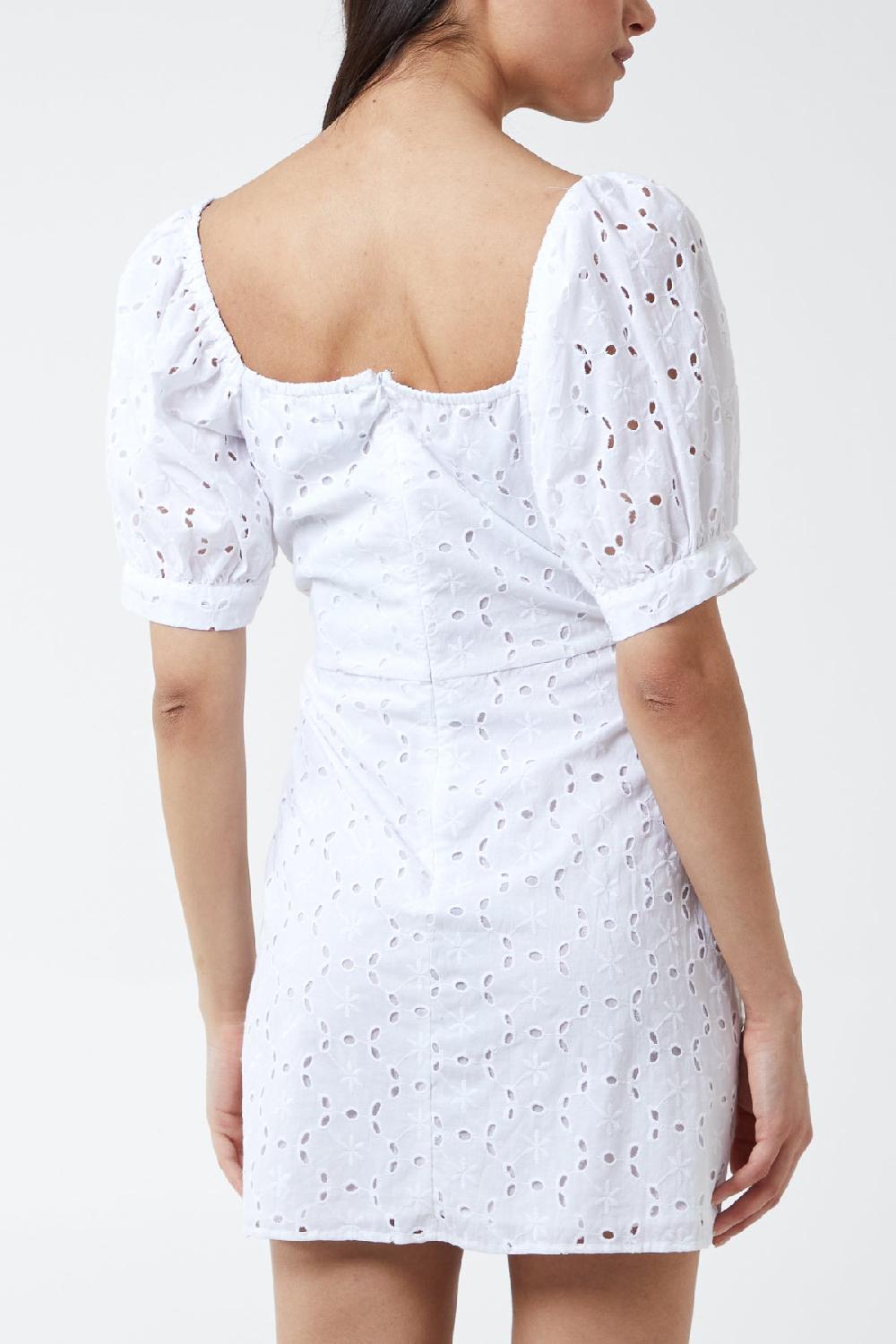 Qed London Puff Sleeve Ring Detail Embroidery Anglaise Mini Dress