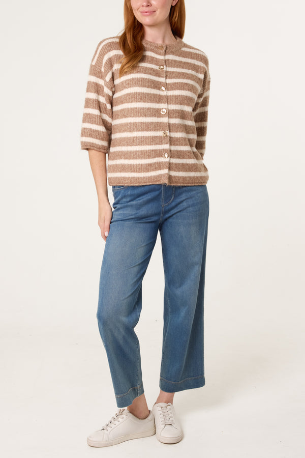 Qed London 3/4 Sleeve Striped Knit Cardigan
