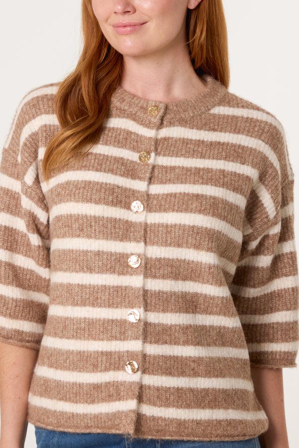 Qed London 3/4 Sleeve Striped Knit Cardigan