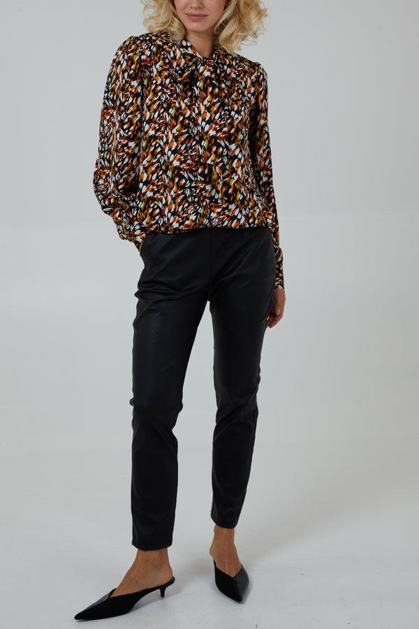 Qed London Abstract Animal Button Pussybow Shirt