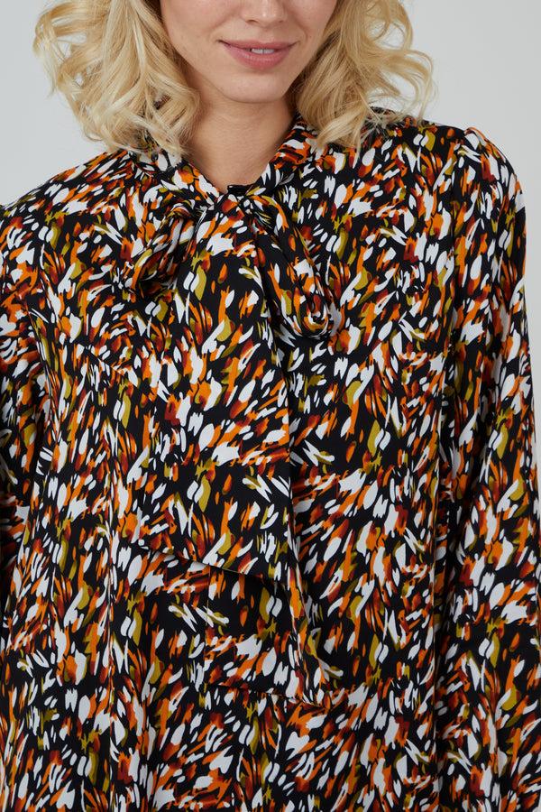 Qed London Abstract Animal Button Pussybow Shirt