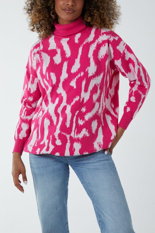 qed london Abstract Animal Print Roll Neck Jumper