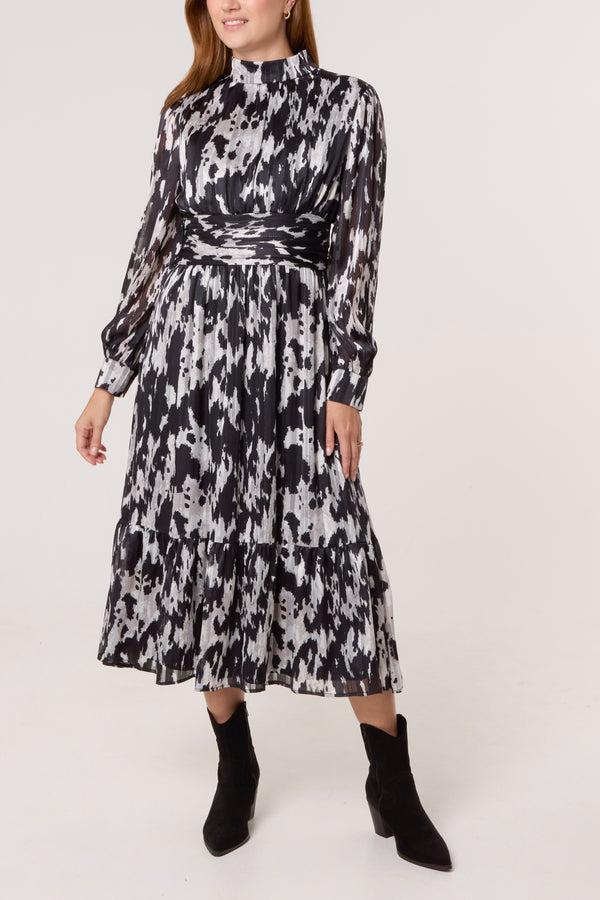 Qed London Abstract Print Belted High Neck Dress