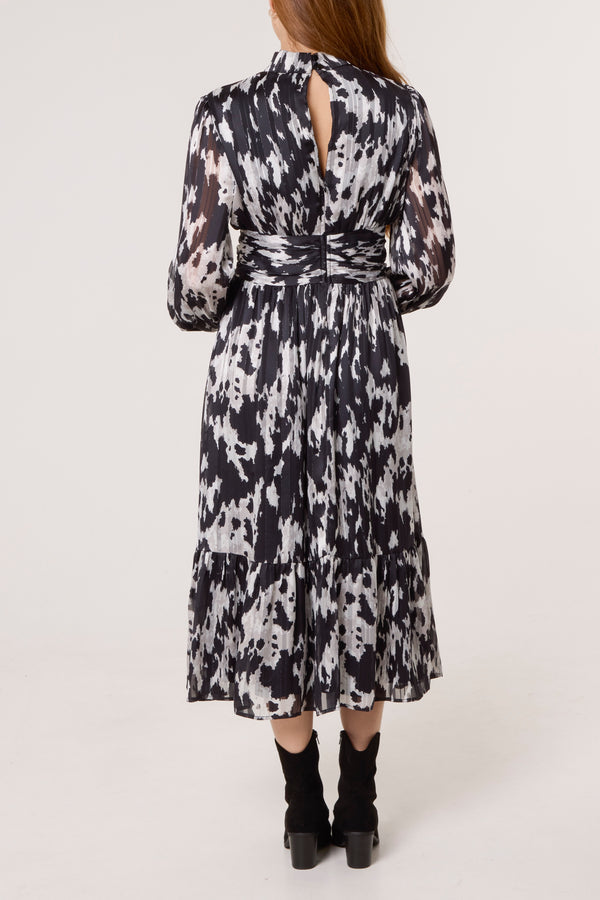 Qed London Abstract Print Belted High Neck Dress