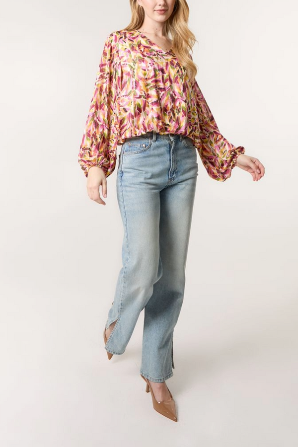 Qed London Abstract Print V-Neck Puffball Blouse