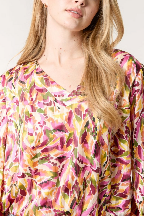 Qed London Abstract Print V-Neck Puffball Blouse