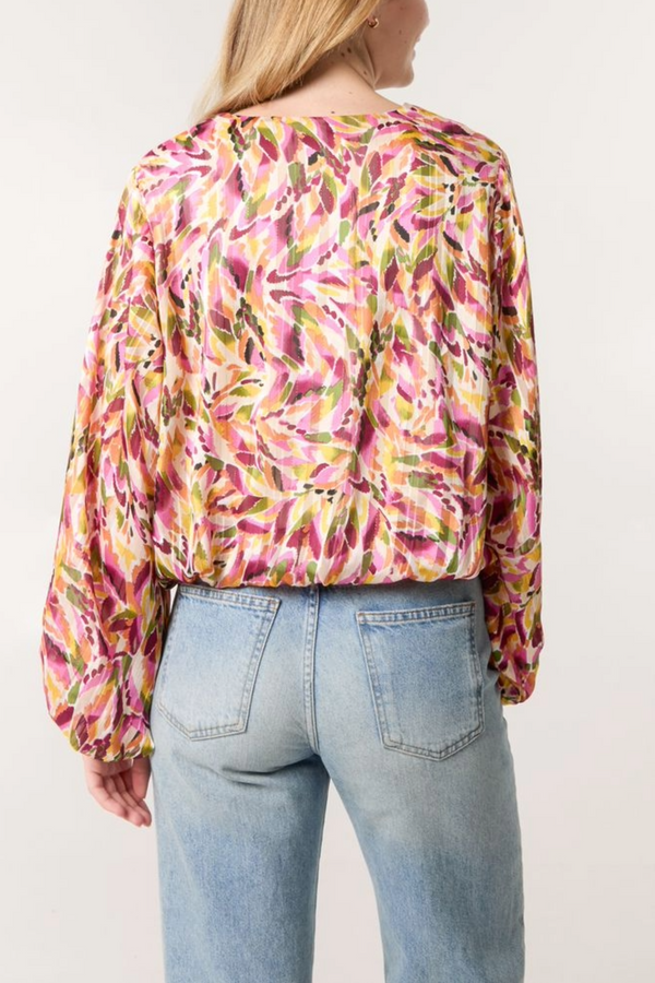 Qed London Abstract Print V-Neck Puffball Blouse