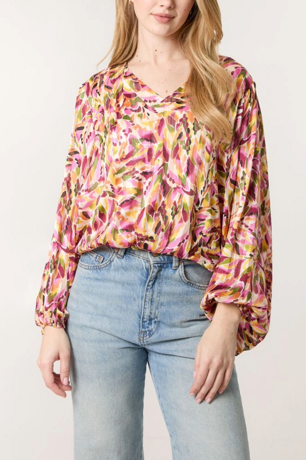 qed london Abstract Print V-Neck Puffball Blouse