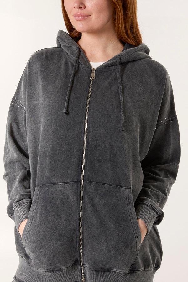 Qed London Acid Wash Studded Zip Front Hoodie Set