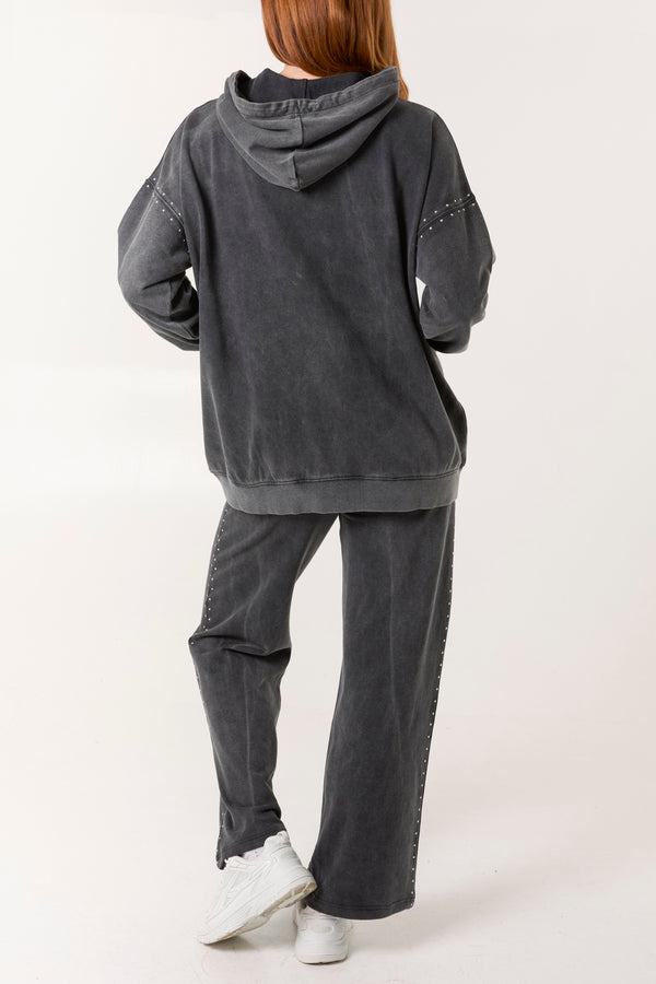 Qed London Acid Wash Studded Zip Front Hoodie Set