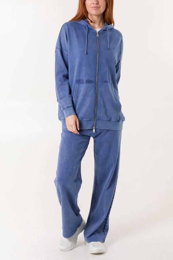 Qed London Acid Wash Studded Zip Front Hoodie Set