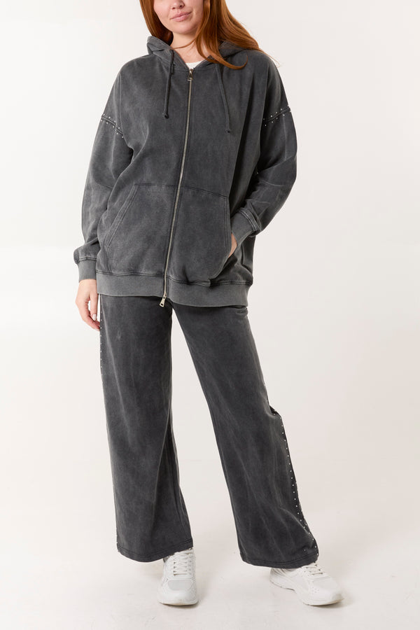 qed london Acid Wash Studded Zip Front Hoodie Set