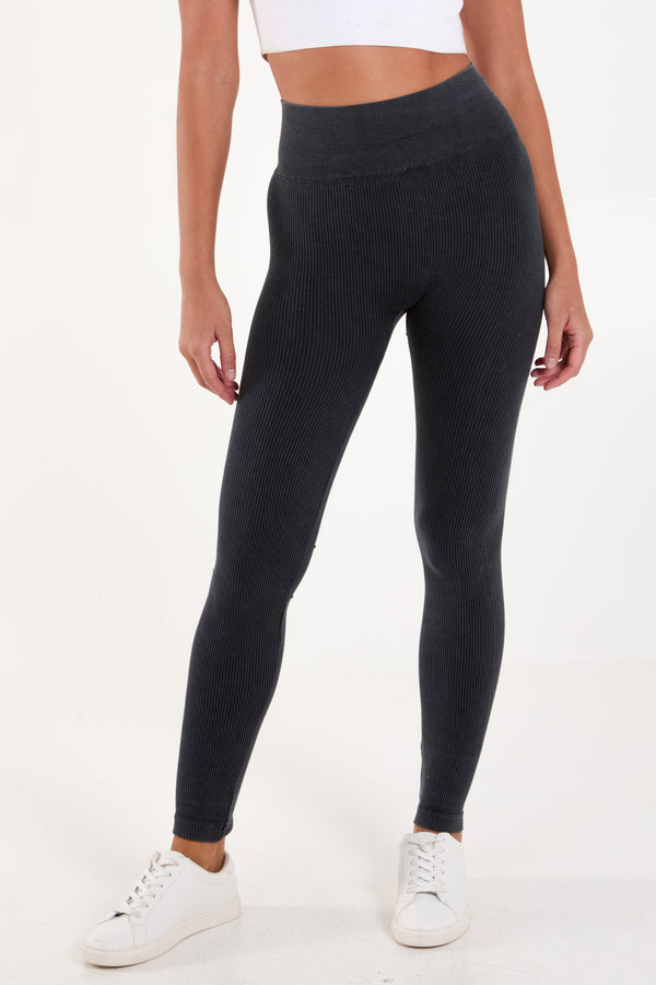 qed london Acid Washed Ribbed Legging