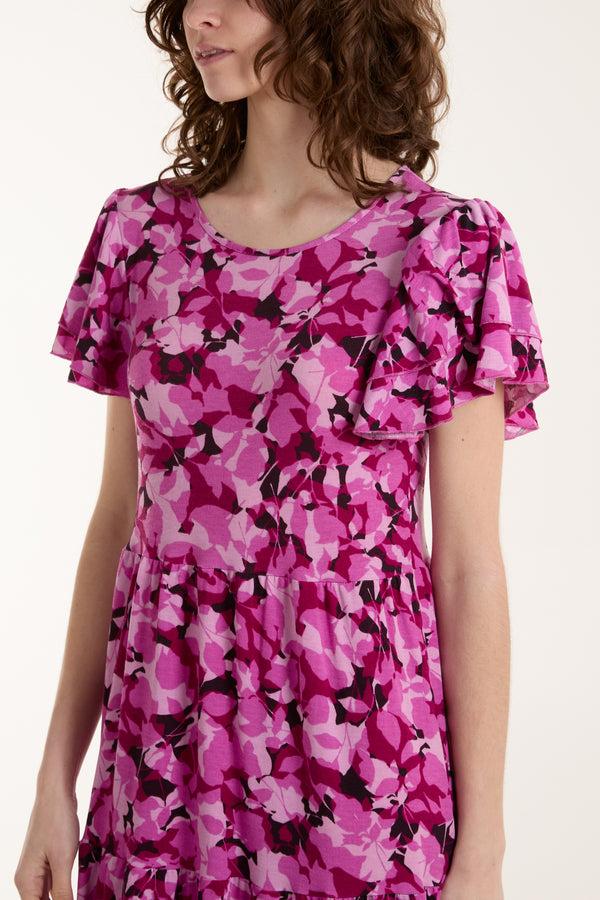 Qed London Angel Sleeve Leaf Print Midi Dress