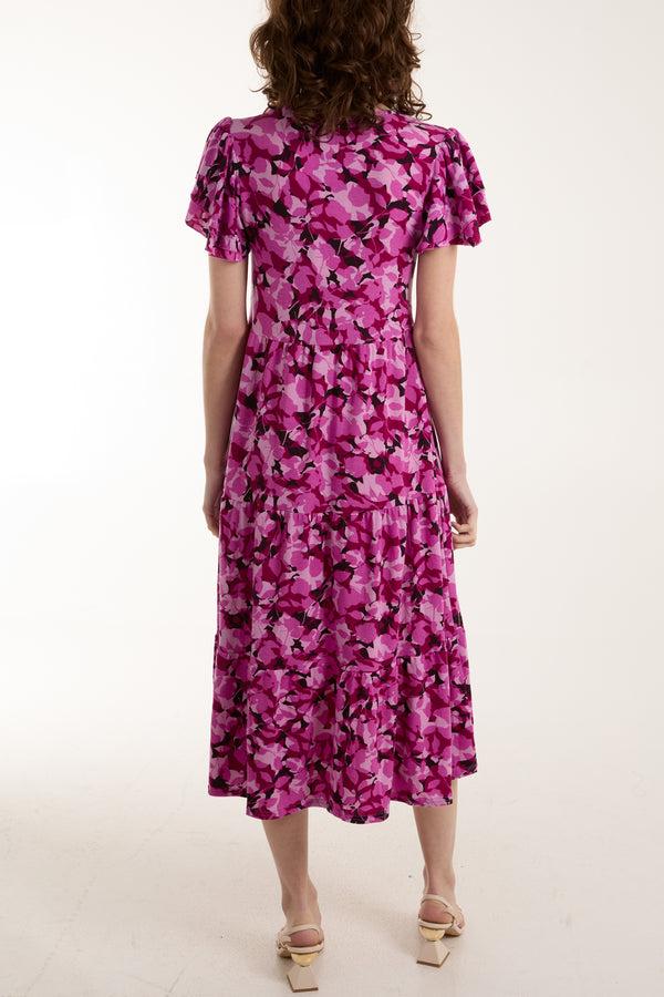 Qed London Angel Sleeve Leaf Print Midi Dress