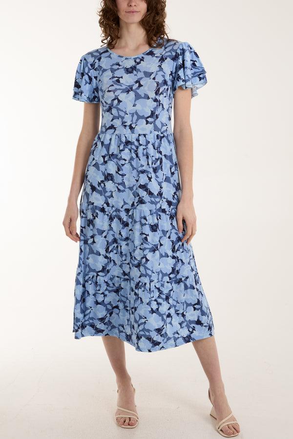 Qed London Angel Sleeve Leaf Print Midi Dress