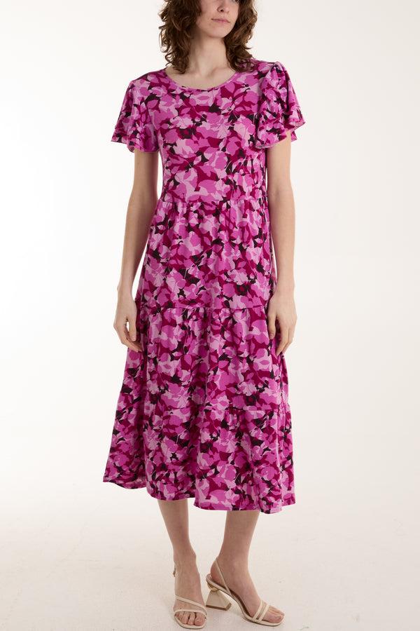 qed london Angel Sleeve Leaf Print Midi Dress