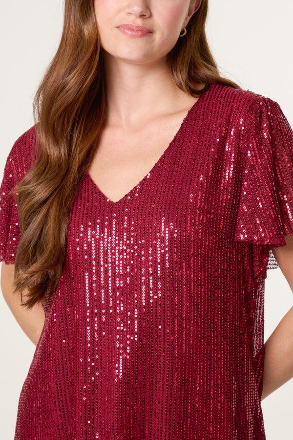 Qed London Angel Sleeve V-Neck Sequin Top