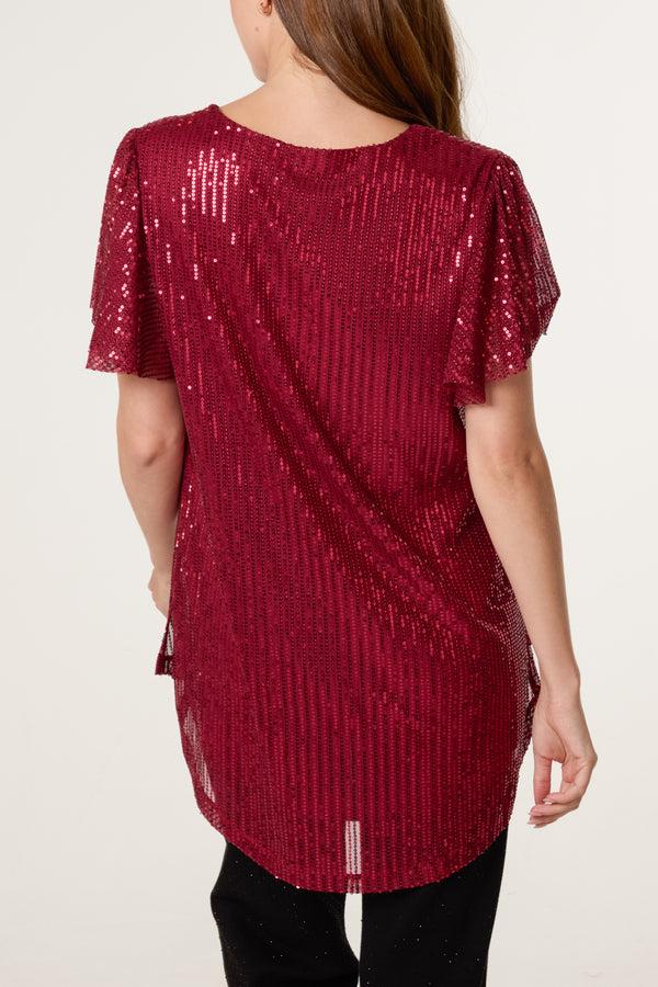 Qed London Angel Sleeve V-Neck Sequin Top