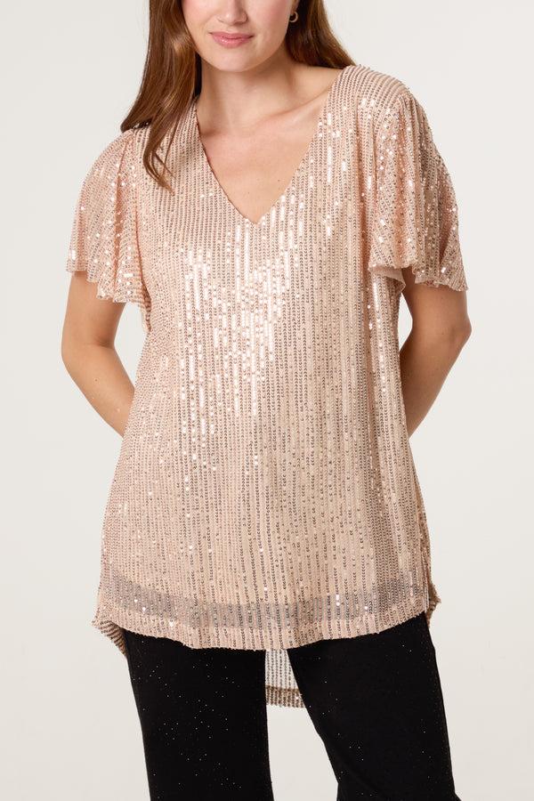 Qed London Angel Sleeve V-Neck Sequin Top