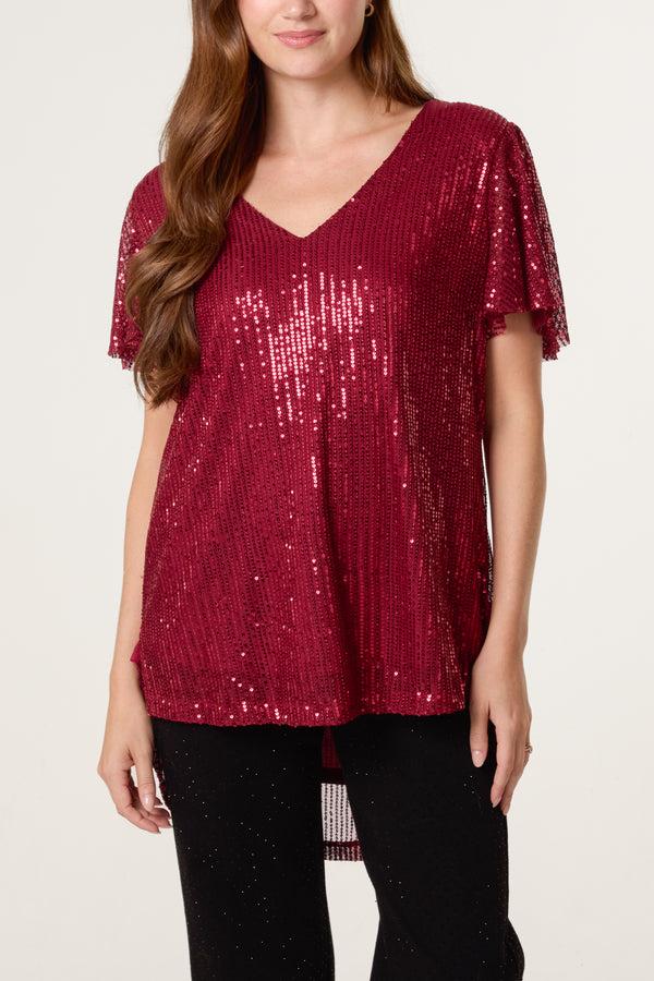 qed london Angel Sleeve V-Neck Sequin Top