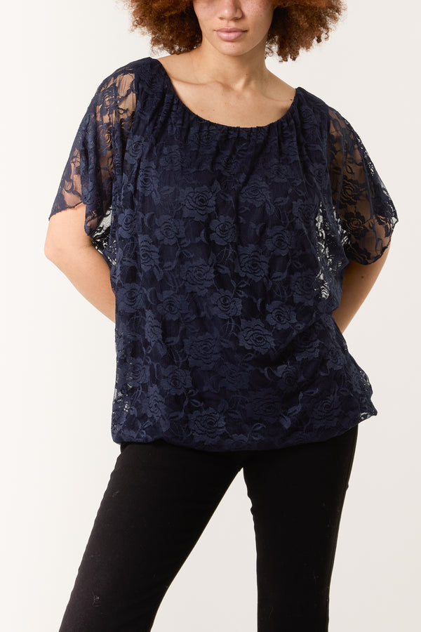 Qed London Angel Sleeve Waistband Lace Top