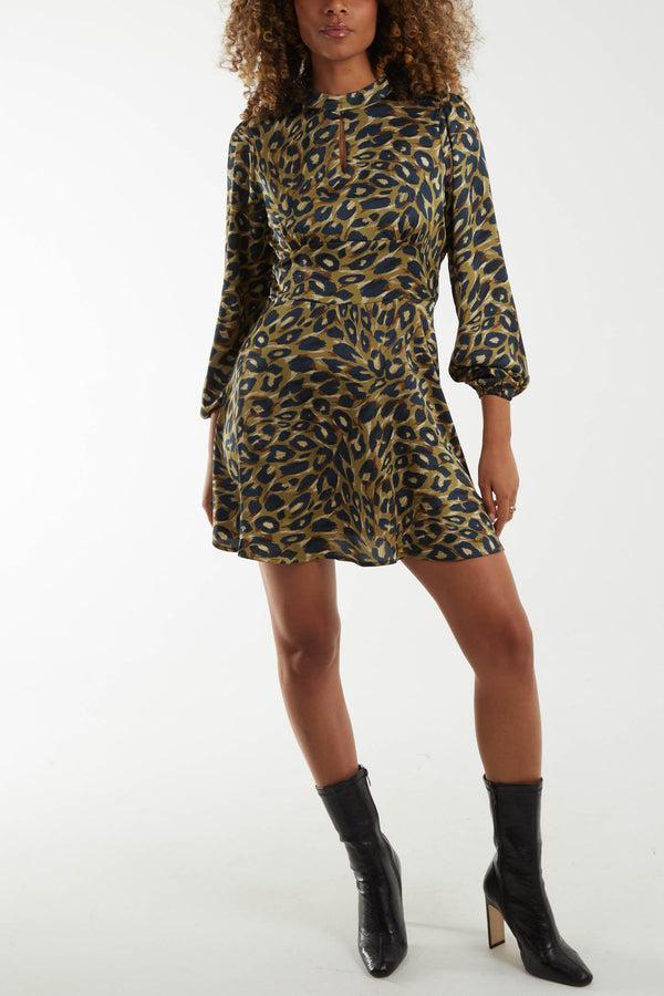 qed london Animal High Neck Keyhole Mini Dress