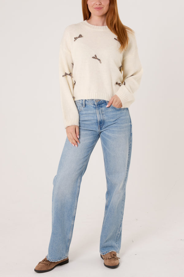 Qed London Animal Print Bow Knit Jumper