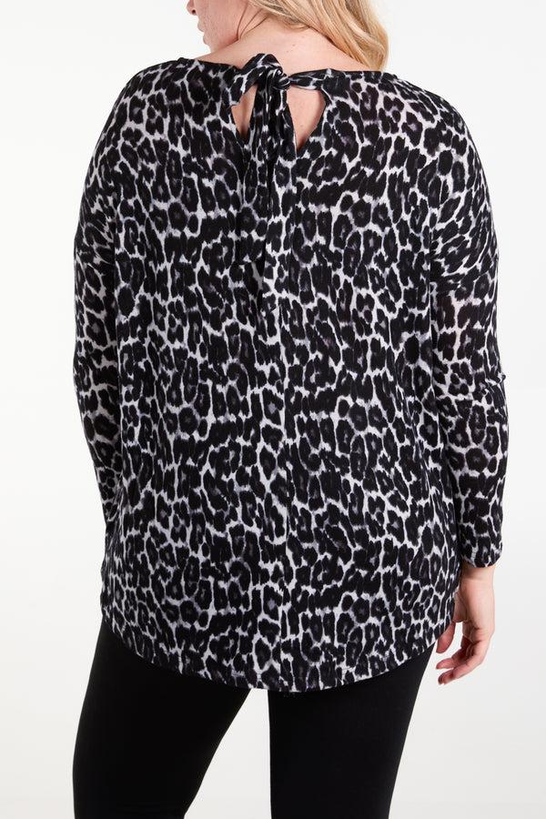 Qed London Animal Print Long Sleeve Bow Back Top