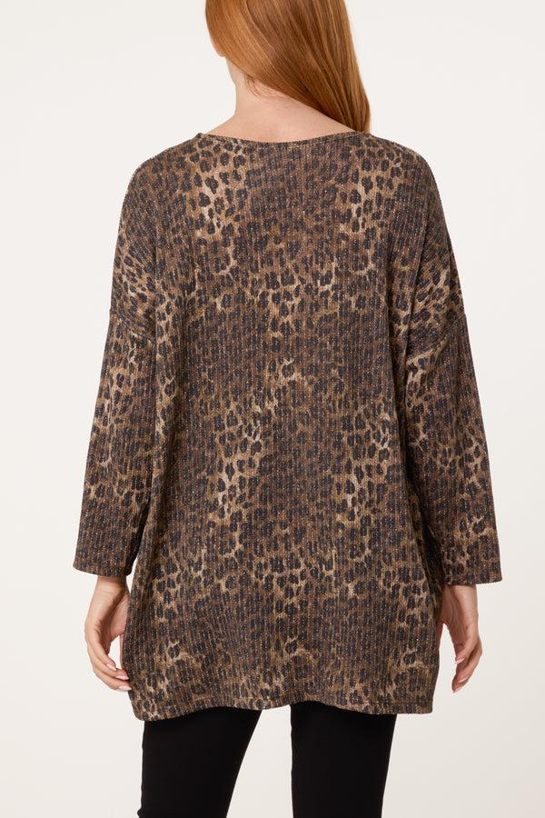 Qed London Animal Print Lurex Knitted Top