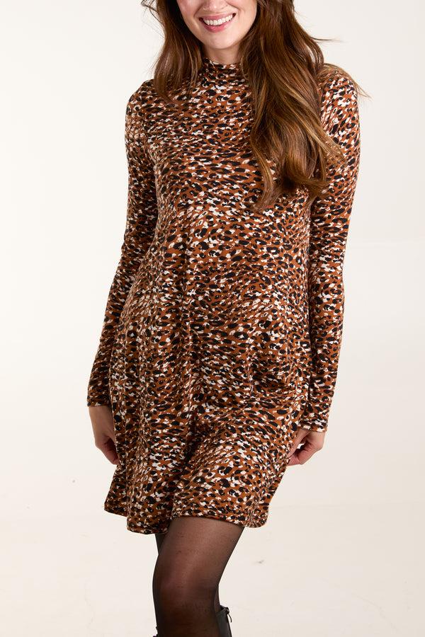 Qed London Animal Print Pie Crust Neck Swing Dress