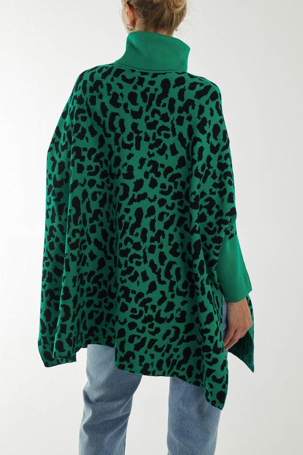 Qed London Animal Print Roll Neck Poncho Jumper