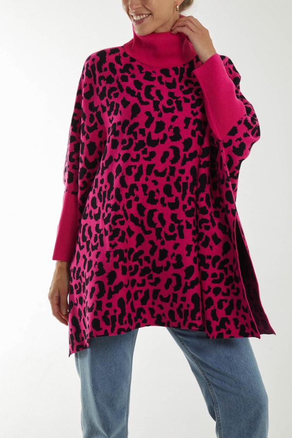 Qed London Animal Print Roll Neck Poncho Jumper