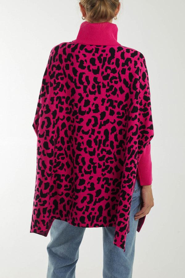 Qed London Animal Print Roll Neck Poncho Jumper