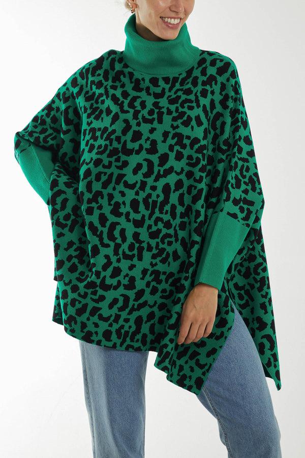 qed london Animal Print Roll Neck Poncho Jumper