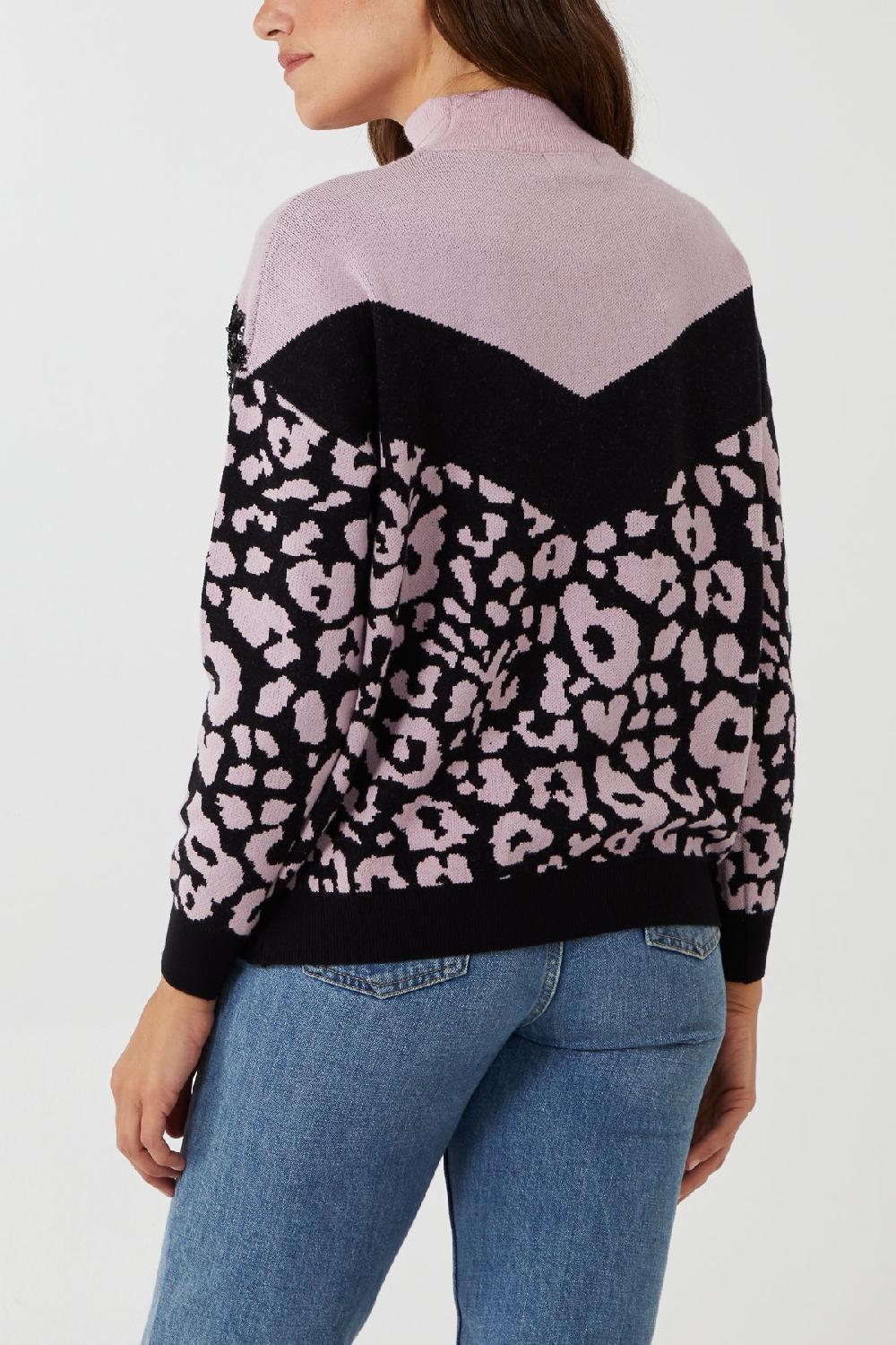 Qed London Animal Print & Sequin High Neck Jumper