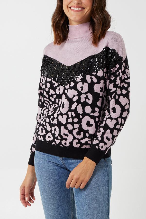 qed london Animal Print & Sequin High Neck Jumper