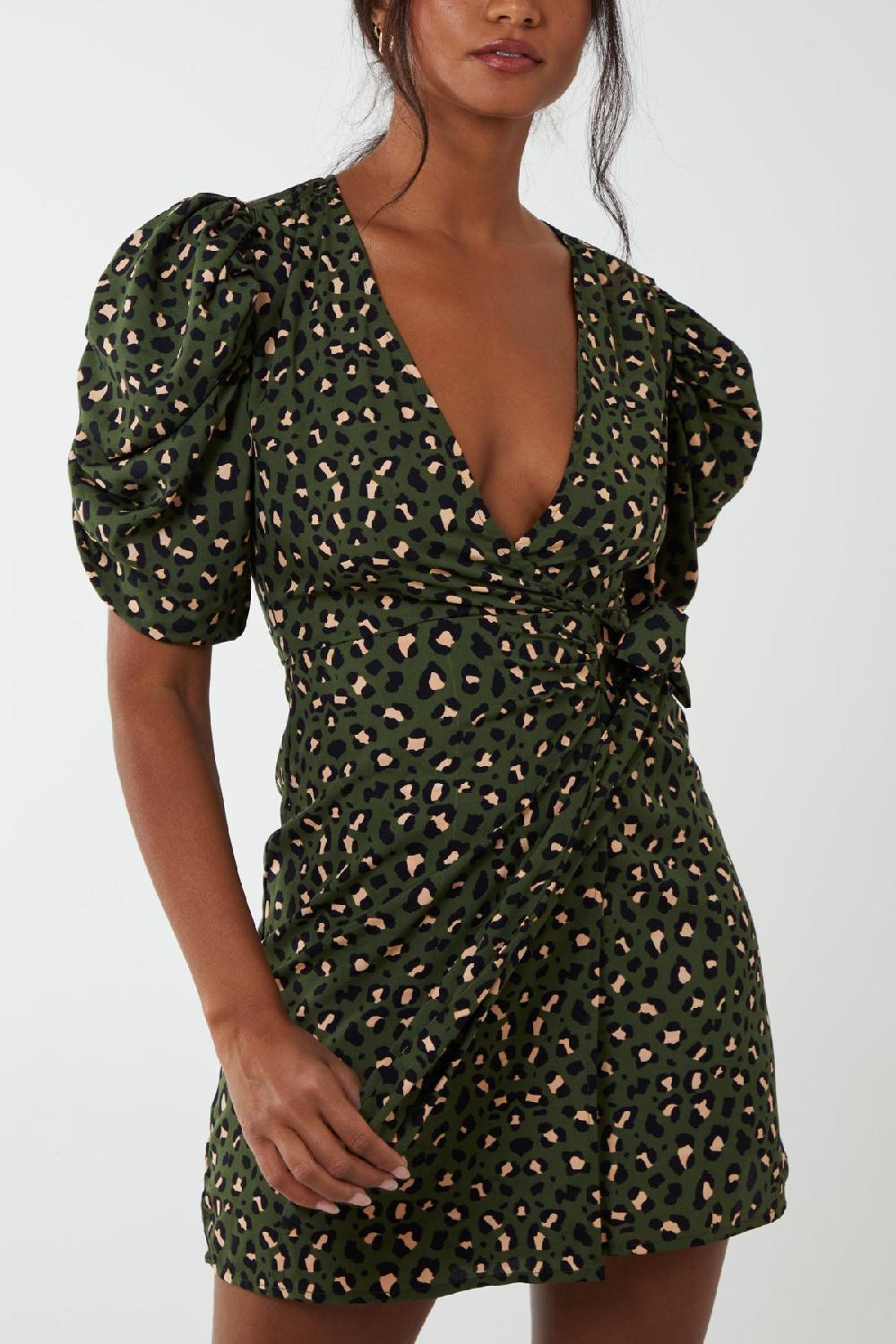 Qed London Animal Ruched Sleeve Wrap Mini Dress