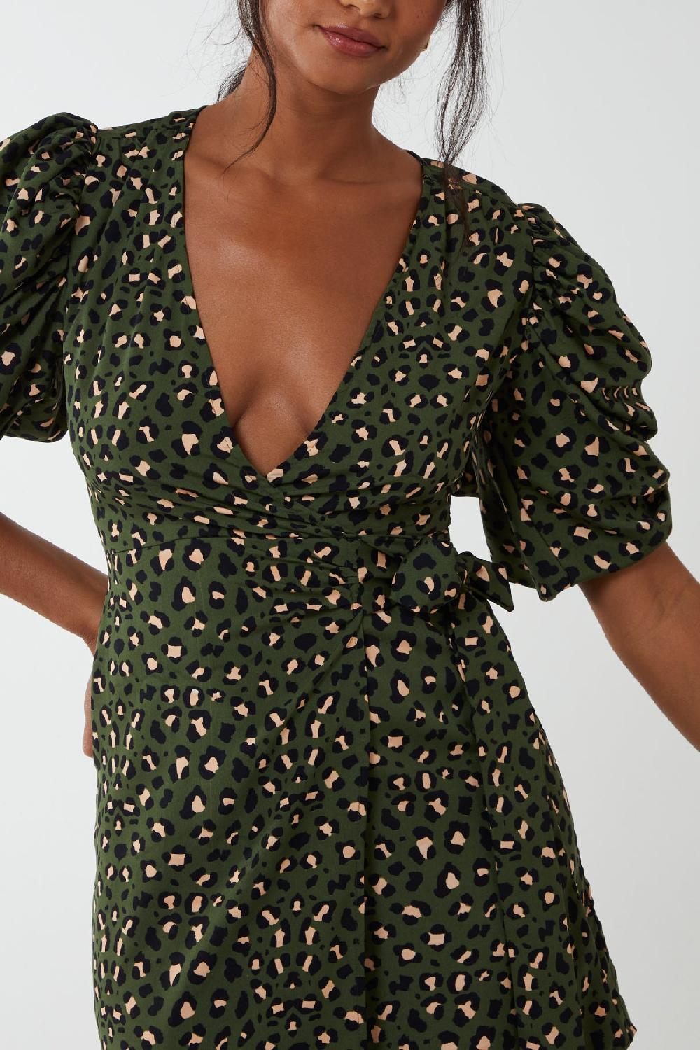 Qed London Animal Ruched Sleeve Wrap Mini Dress